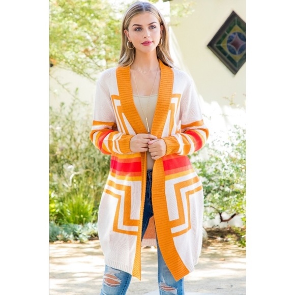 🧡Amazing tribal pattern open cardigan in cream+orange+gold | Size M - Picture 8 of 12